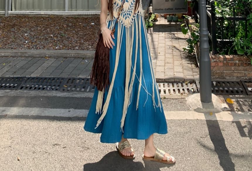 Spaghetti Strap Plain Maxi A-Line Dress / Sleeveless Fringed Top
