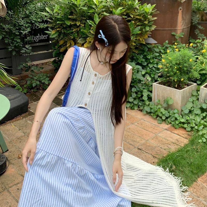 Spaghetti Strap Striped Tiered Midi A-Line Dress / Round Neck Fringed Button Vest