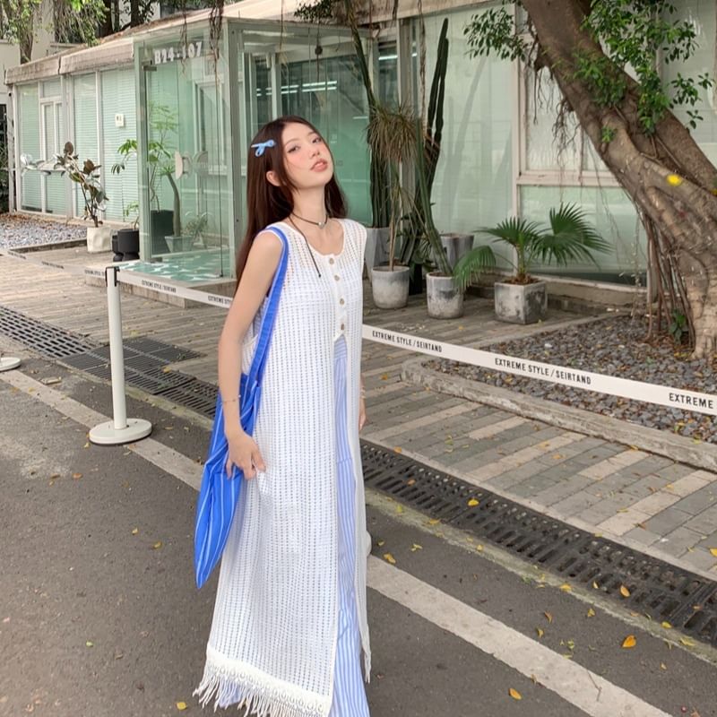 Spaghetti Strap Striped Tiered Midi A-Line Dress / Round Neck Fringed Button Vest