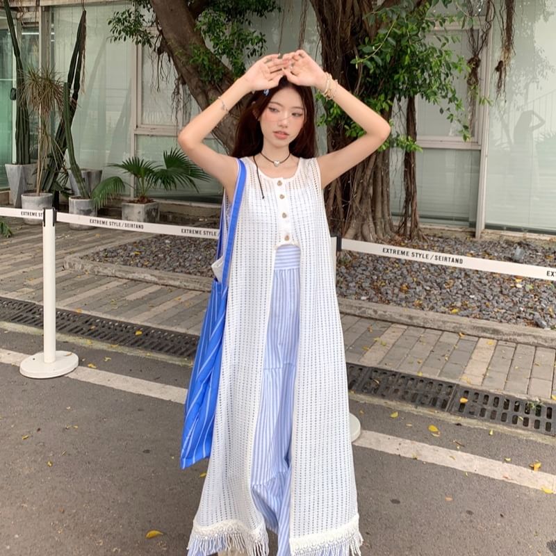 Spaghetti Strap Striped Tiered Midi A-Line Dress / Round Neck Fringed Button Vest