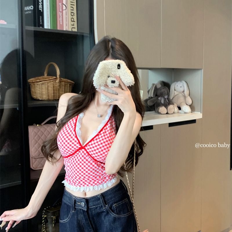 Gingham Halter Lace Trim Slim Fit Crop Tank