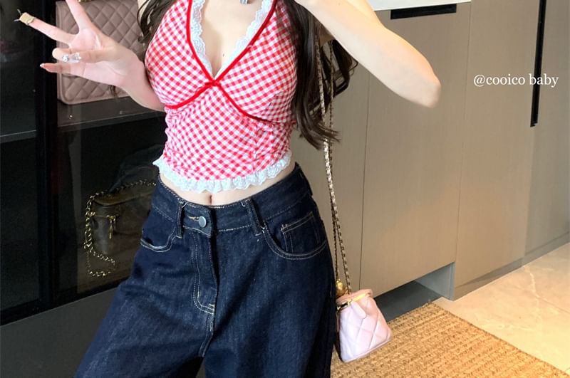Gingham Halter Lace Trim Slim Fit Crop Tank