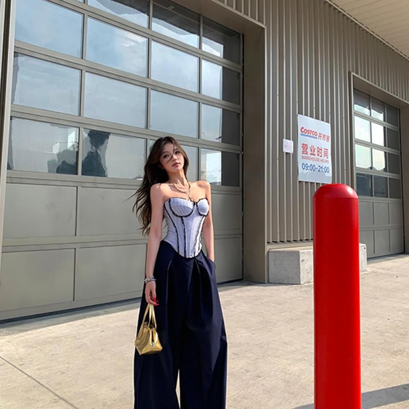 Striped Lace Tube Top and High Waist Culottes
