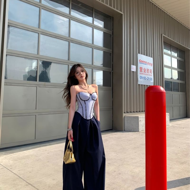 Striped Lace Tube Top and High Waist Culottes