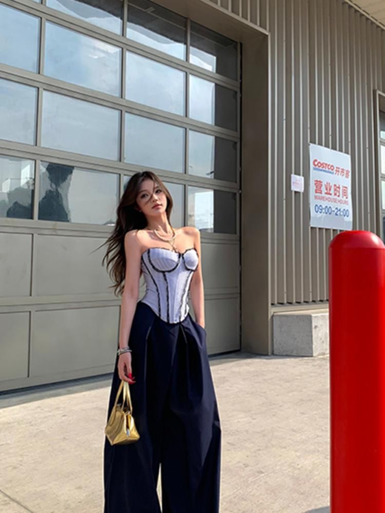 Striped Lace Tube Top and High Waist Culottes