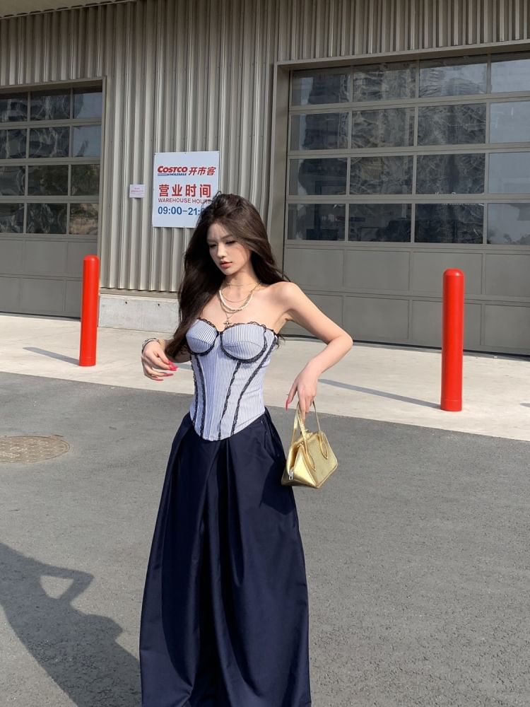 Striped Lace Tube Top and High Waist Culottes
