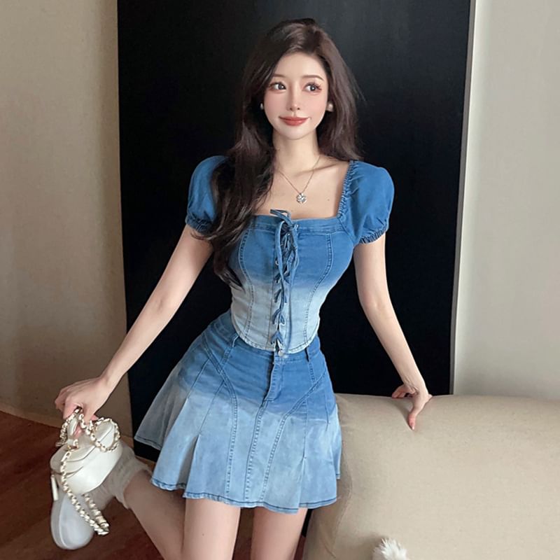 Gradient Lace Up Denim Cropped Blouse Pleated Mini Skirt Set