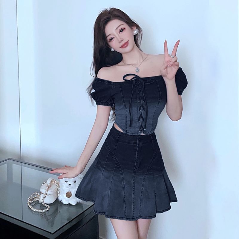 Gradient Lace Up Denim Cropped Blouse Pleated Mini Skirt Set