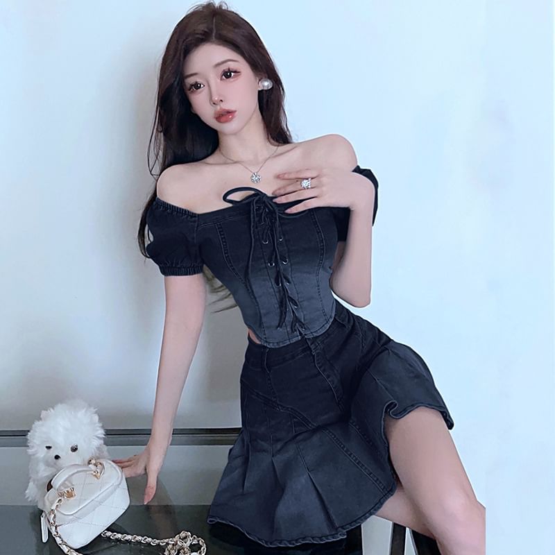 Gradient Lace Up Denim Cropped Blouse Pleated Mini Skirt Set