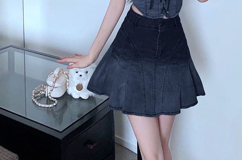 Gradient Lace Up Denim Cropped Blouse Pleated Mini Skirt Set