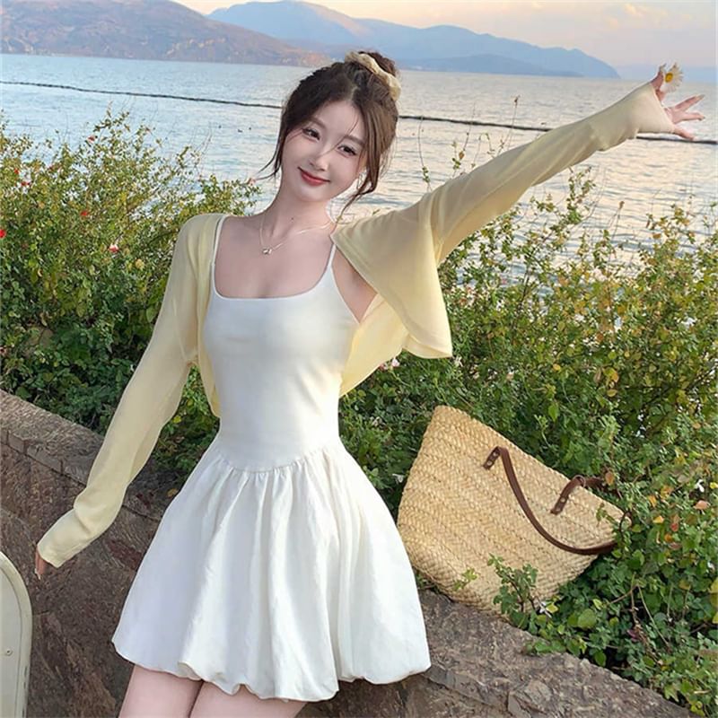 Spaghetti Strap Bubble Hem Mini A-Line Dress / Cardigan