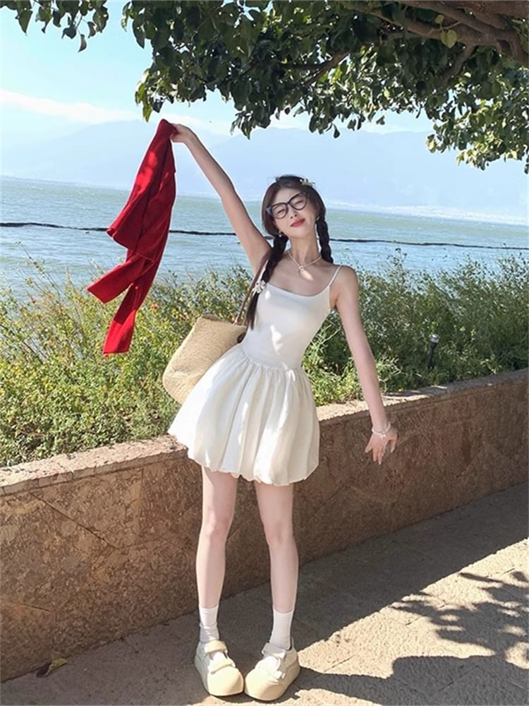 Spaghetti Strap Scoop Neck Plain Bubble Hem Mini A-Line Dress / Cardigan