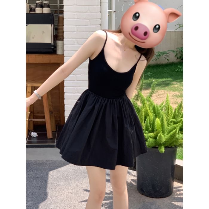 Spaghetti Strap Scoop Neck Plain Bubble Hem Mini A-Line Dress / Cardigan