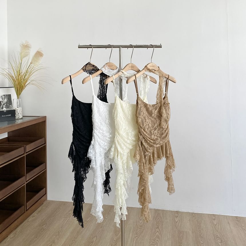 Asymmetrical Lace Cami Scoop Neck Spaghetti Strap Top