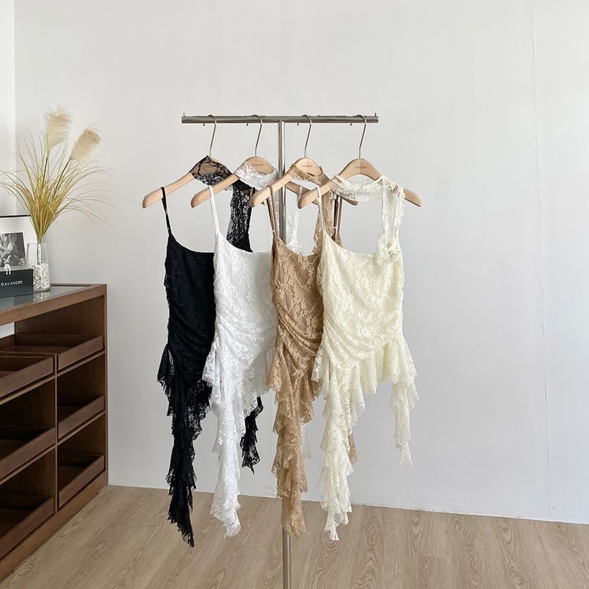 Asymmetrical Lace Cami Scoop Neck Spaghetti Strap Top