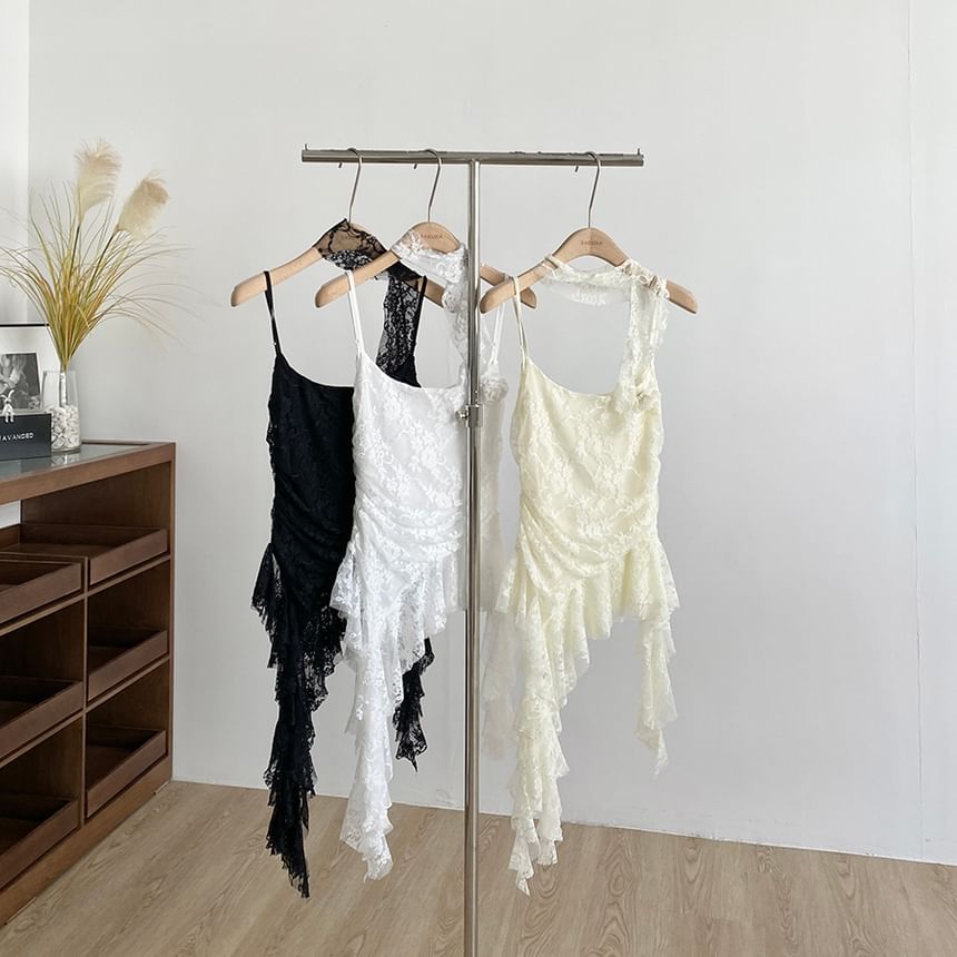 Asymmetrical Lace Cami Scoop Neck Spaghetti Strap Top