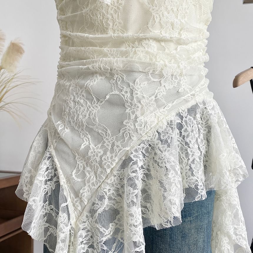 Asymmetrical Lace Cami Scoop Neck Spaghetti Strap Top