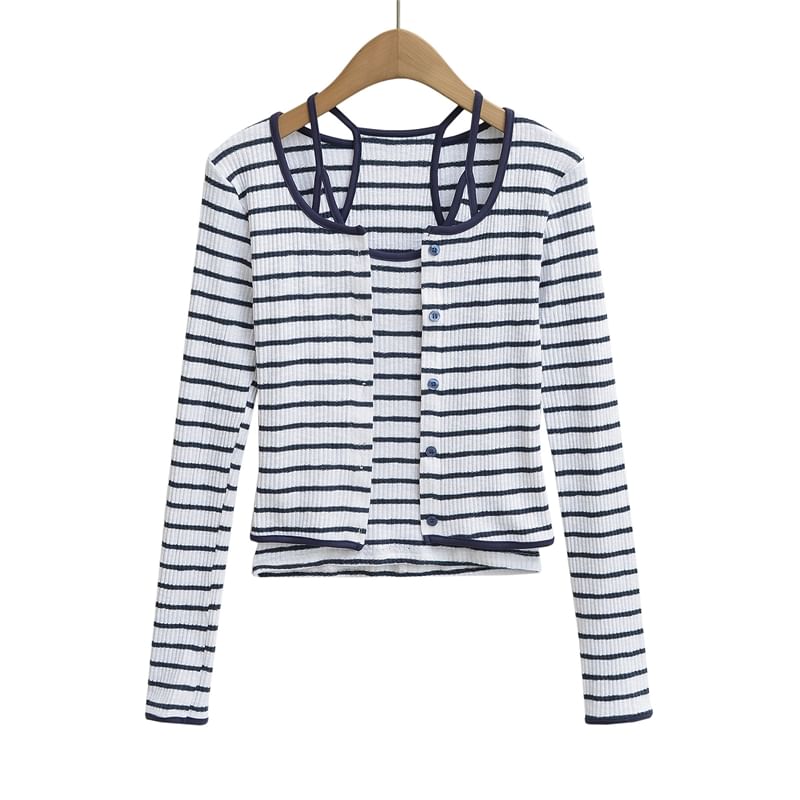 Striped Cami Top and Button Up Cardigan Set