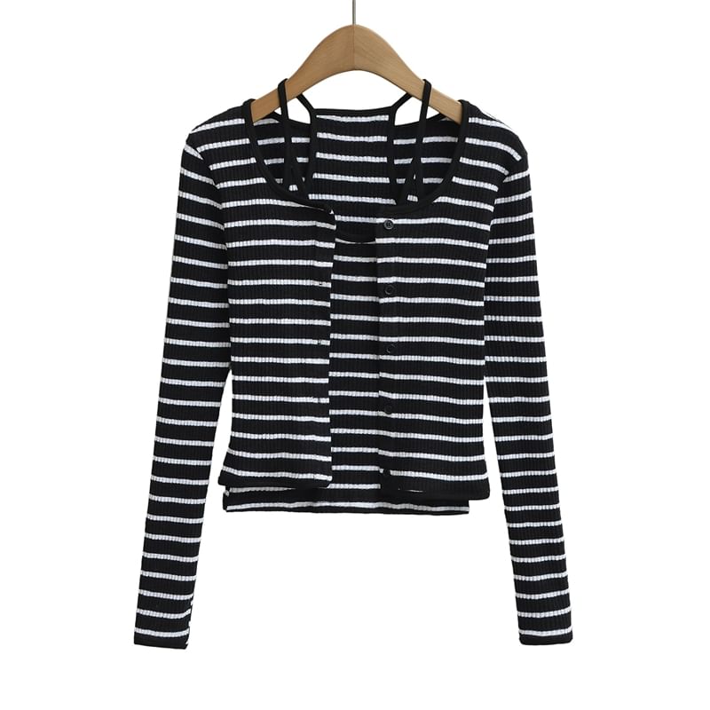 Striped Cami Top and Button Up Cardigan Set