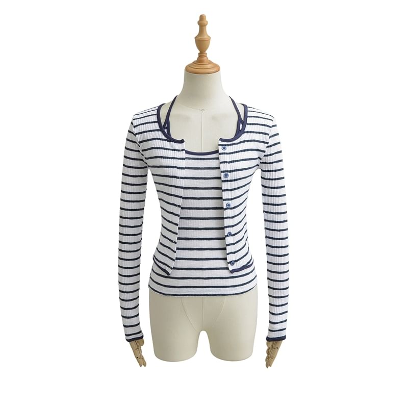 Striped Cami Top and Button Up Cardigan Set