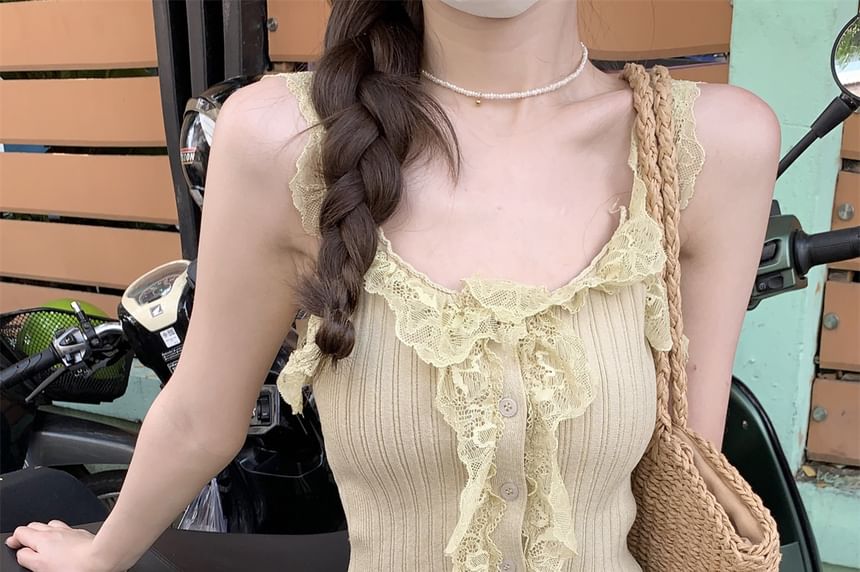 Ribbed Knit Lace Panel Ruffle Button Scoop Neck Tank