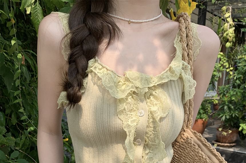 Ribbed Knit Lace Panel Ruffle Button Scoop Neck Tank