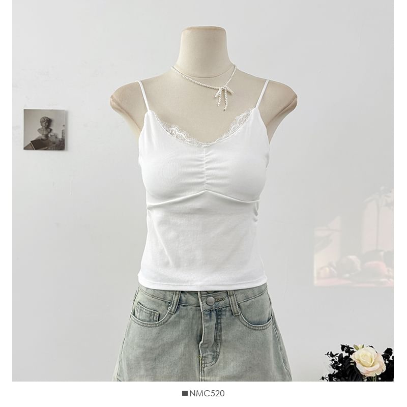 Lace Trim Slim Fit V Neck Crop Cami Top