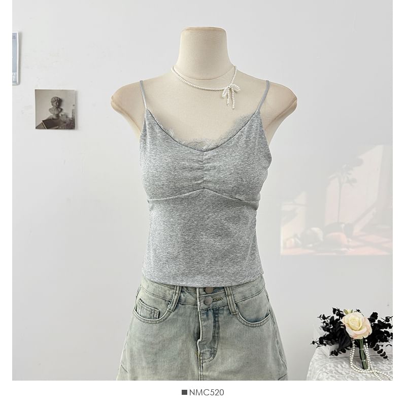 Lace Trim Slim Fit V Neck Crop Cami Top