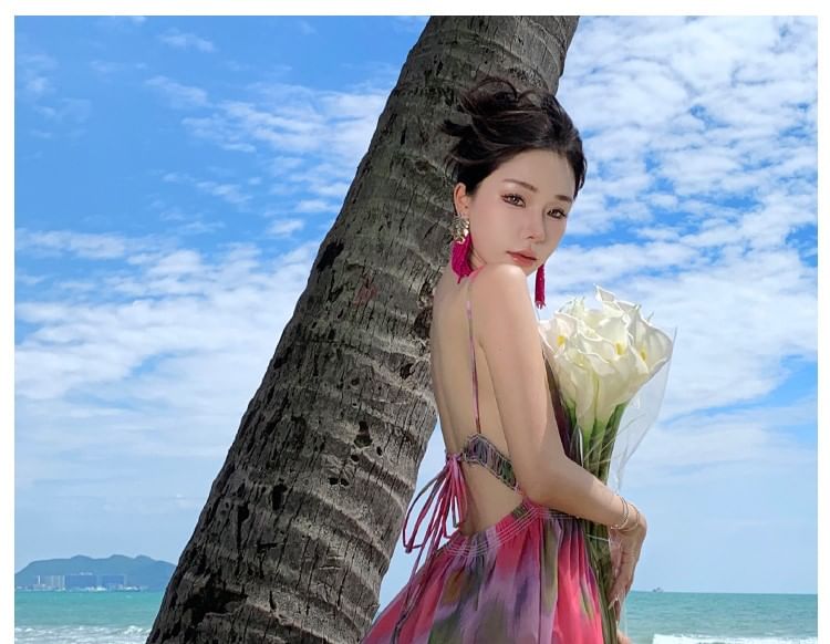 Spaghetti Strap Tie Dye Open Back Maxi A-Line Sundress