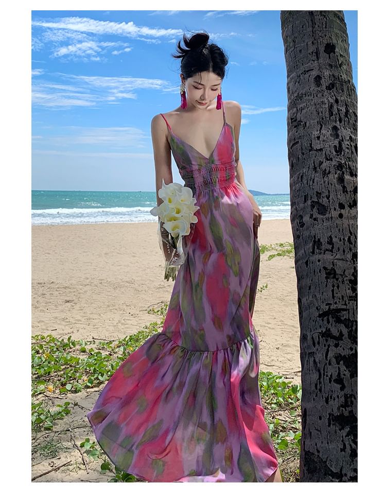 Spaghetti Strap Tie Dye Open Back Maxi A-Line Sundress