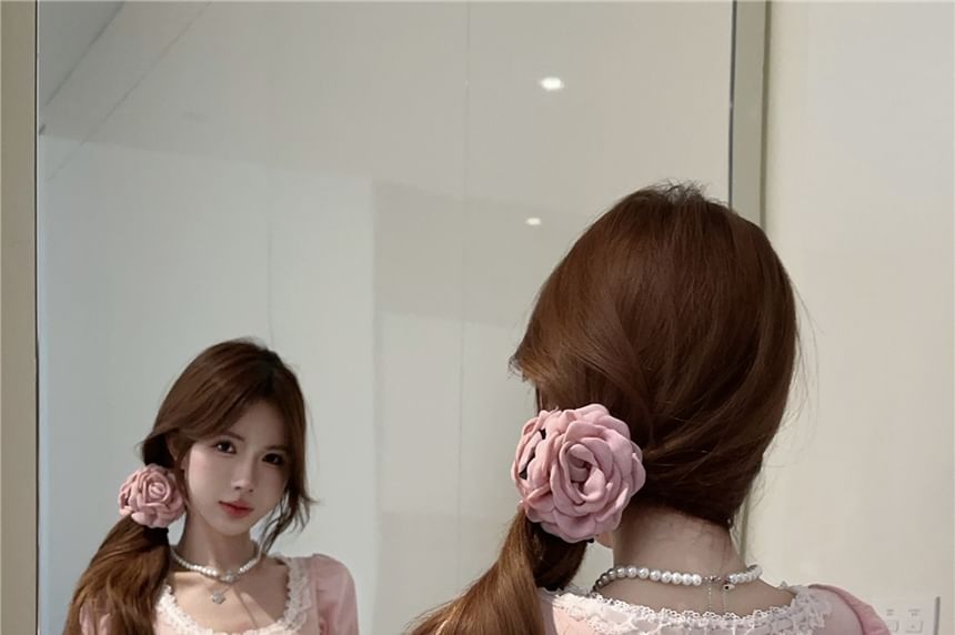 Short Sleeve Lace Trim U Neck Plain Top