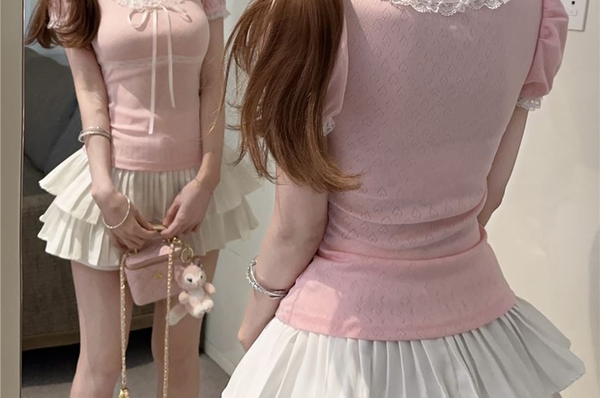 Short Sleeve Lace Trim U Neck Plain Top