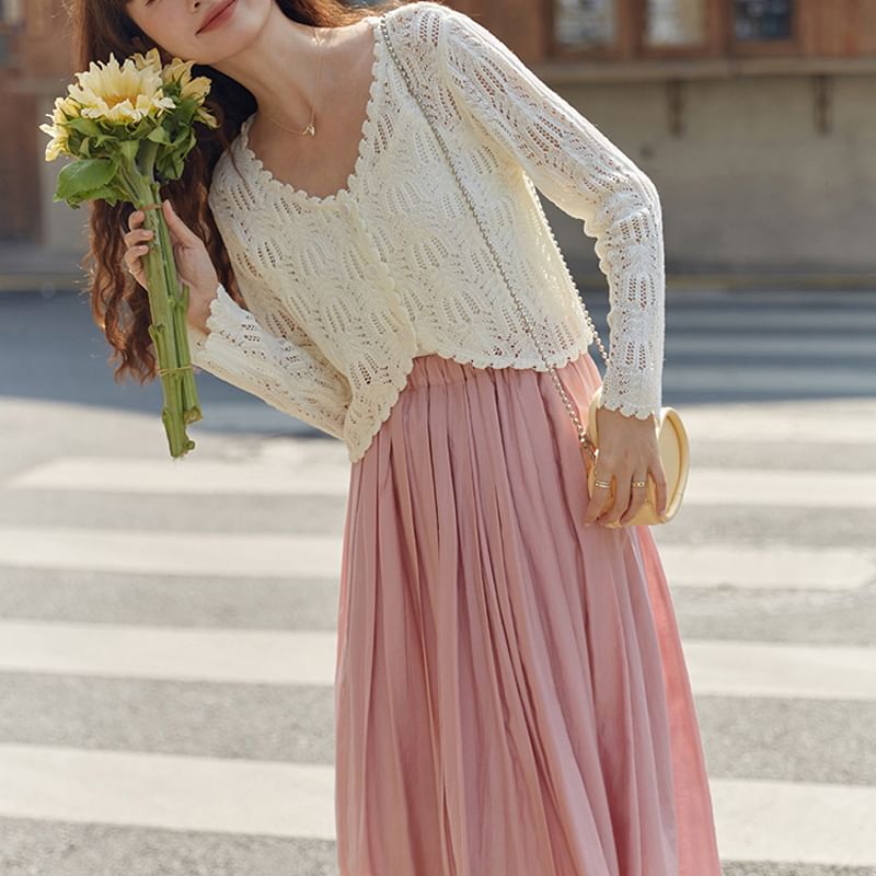 Long Sleeve V-Neck Pointelle Cropped Cardigan