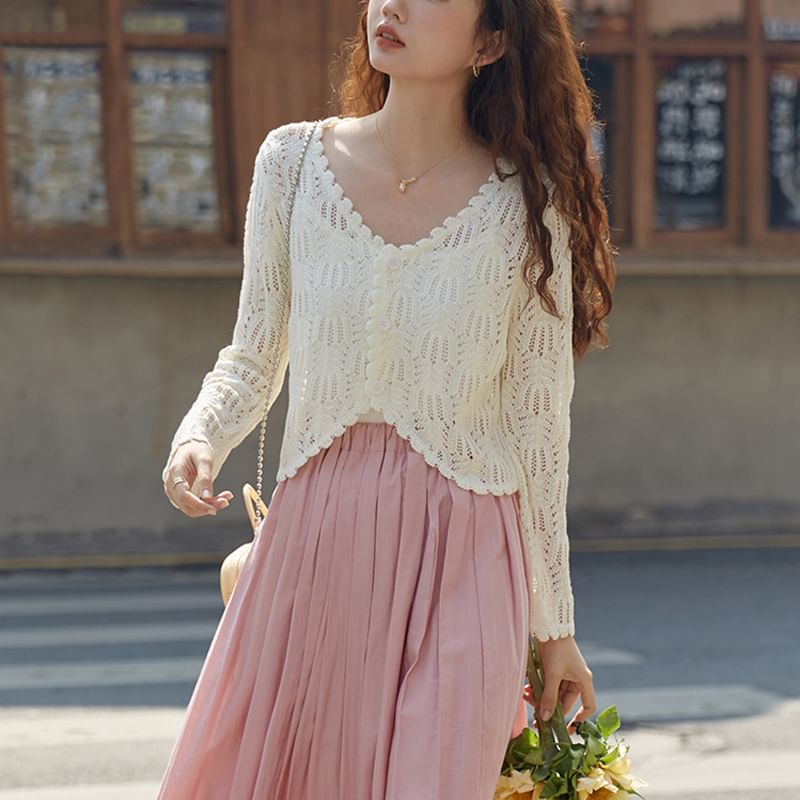 Long Sleeve V-Neck Pointelle Cropped Cardigan