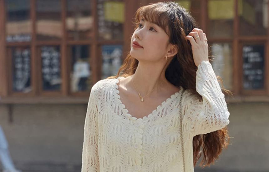 Long Sleeve V-Neck Pointelle Cropped Cardigan