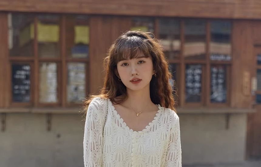 Long Sleeve V-Neck Pointelle Cropped Cardigan