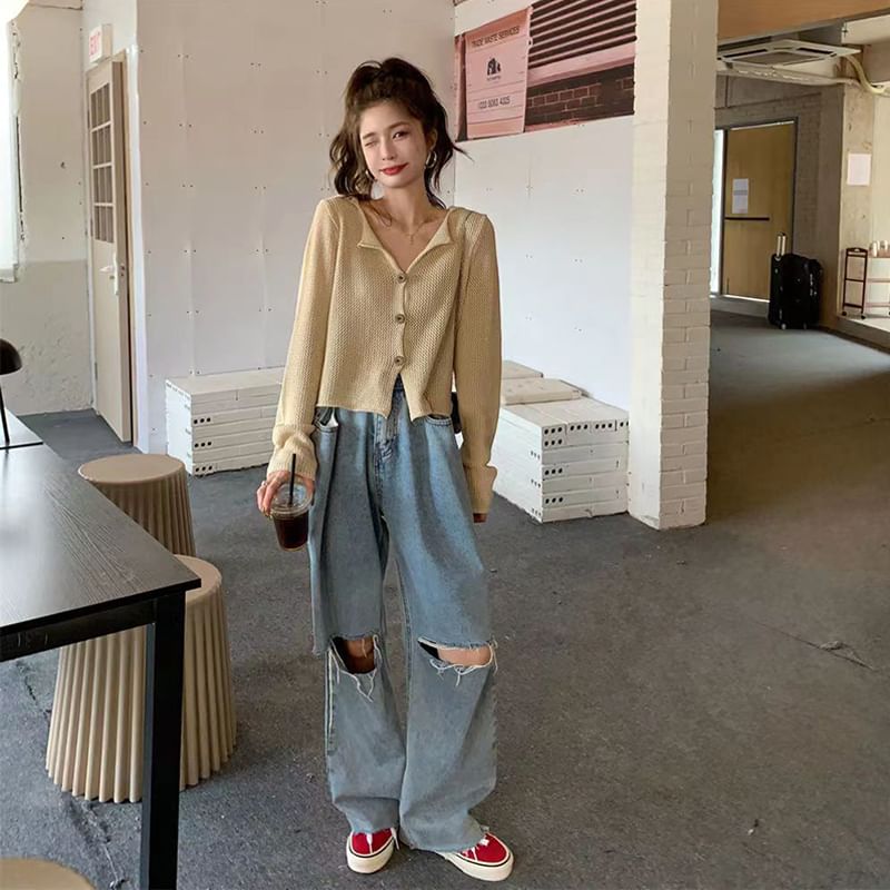Hooded V-Neck Button Cropped Cardigan
