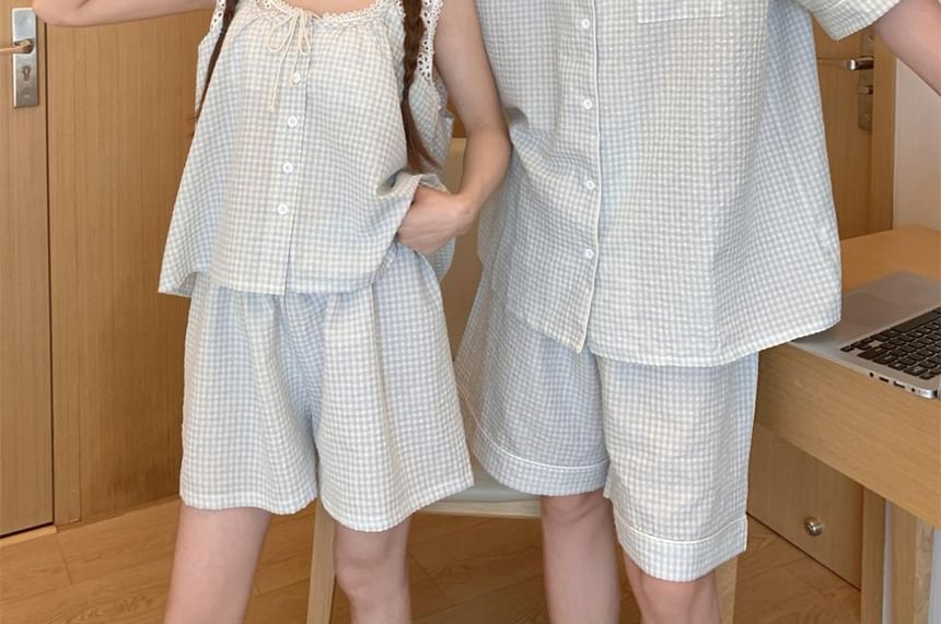 Matching Plaid Pajama Set Lace Trim Top and Shorts