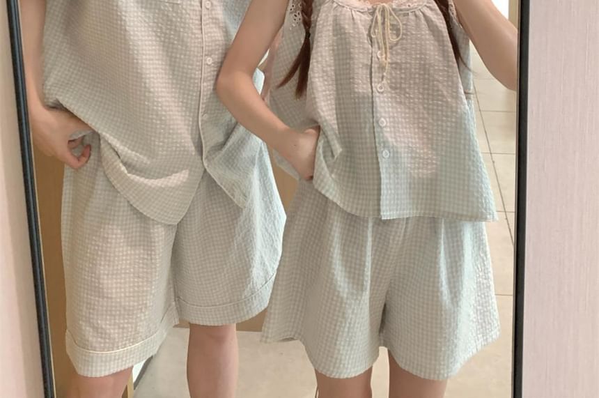 Matching Plaid Pajama Set Lace Trim Top and Shorts