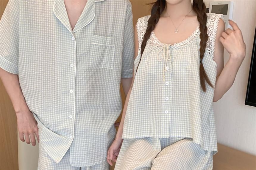 Matching Plaid Pajama Set Lace Trim Top and Shorts
