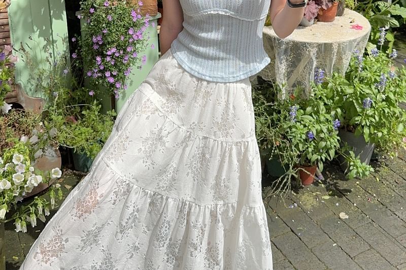 Halter Mock Two Piece Top and Tiered Lace Maxi Skirt