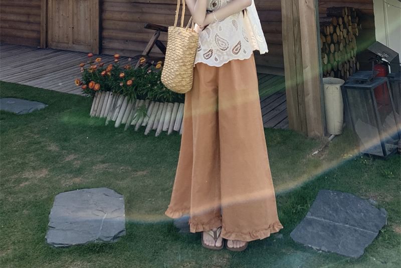 Round Neck Lace Top and Ruffle Wide Leg Pants