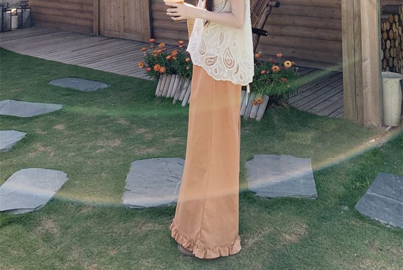 Round Neck Lace Top and Ruffle Wide Leg Pants