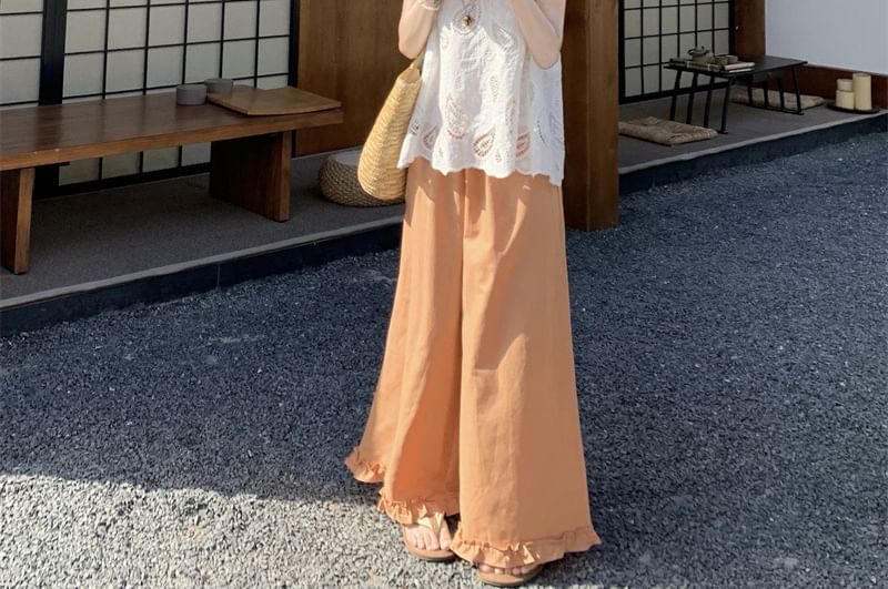 Round Neck Lace Top and Ruffle Wide Leg Pants