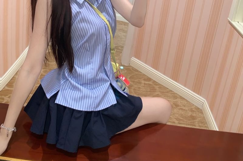 Collared Striped Lace Up Shirt and Mini A-Line Skirt
