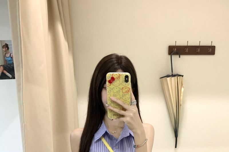 Collared Striped Lace Up Shirt and Mini A-Line Skirt