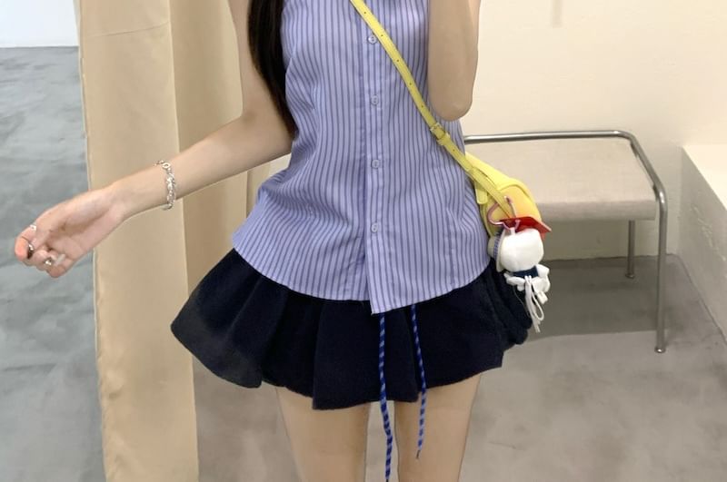 Collared Striped Lace Up Shirt and Mini A-Line Skirt