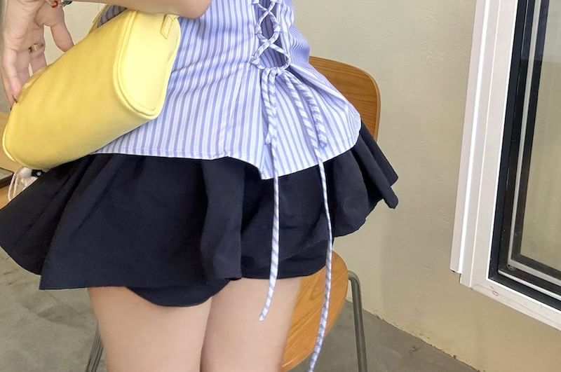 Collared Striped Lace Up Shirt and Mini A-Line Skirt