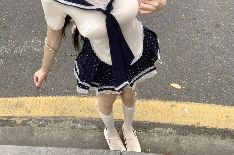 Sailor Collar Top with Tie and Pleated Mini Skirt Set