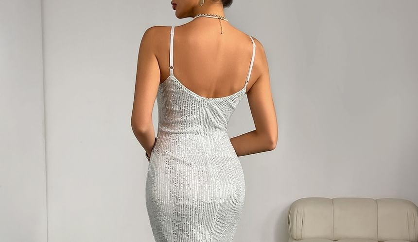 Spaghetti Strap Sequin Lace-Up Bodycon Dress